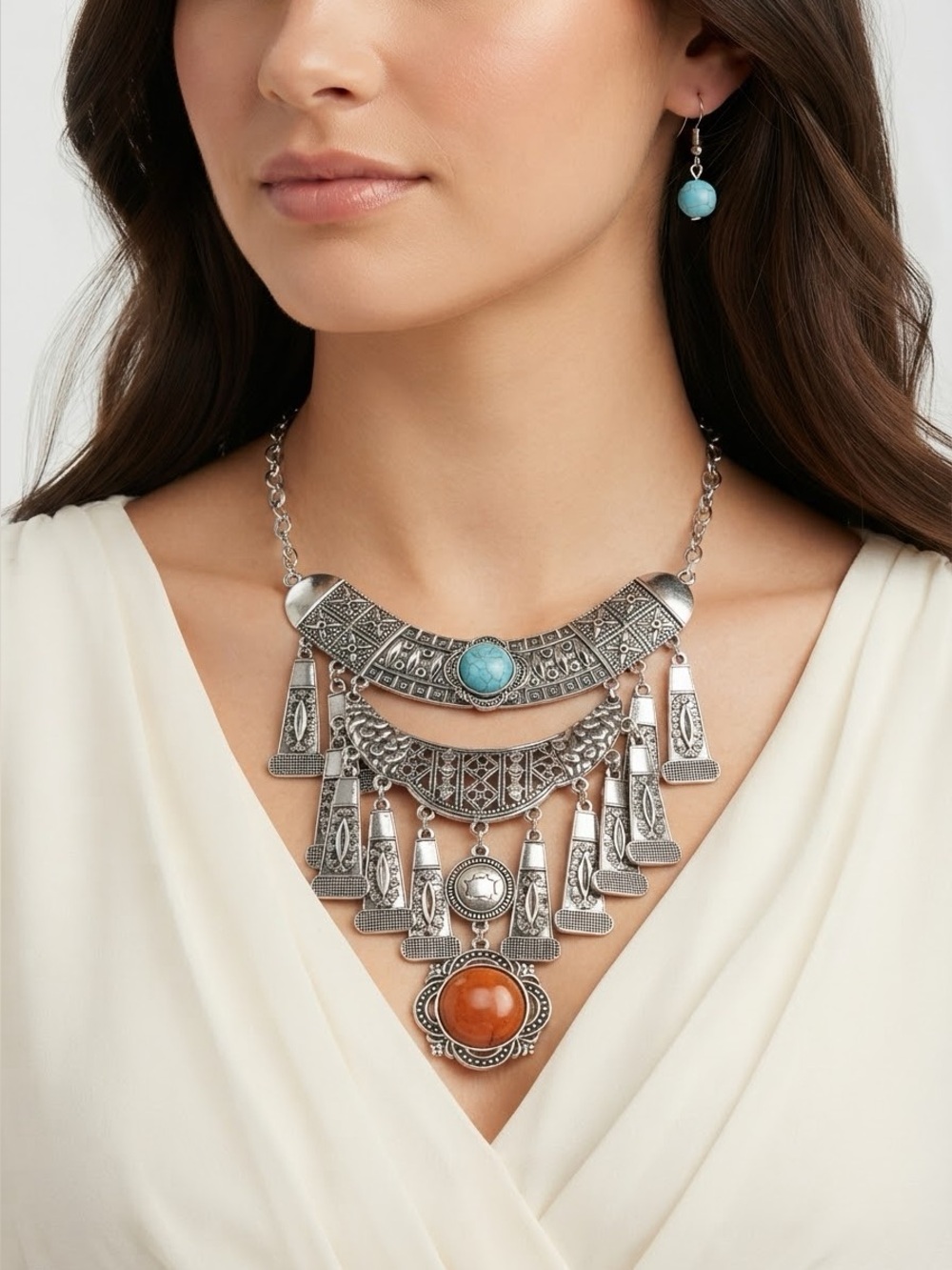 Boho Tribal Bib Necklace & Earring Set | Silver Fringe Statement